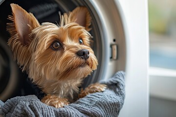 A curious little dog peeking out from a washing machine, adding a touch of playful charm to everyday moments. The dog, with its adorable appearance.