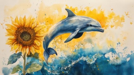Fototapeta premium Dolphin leaping, sunflower, watercolor art