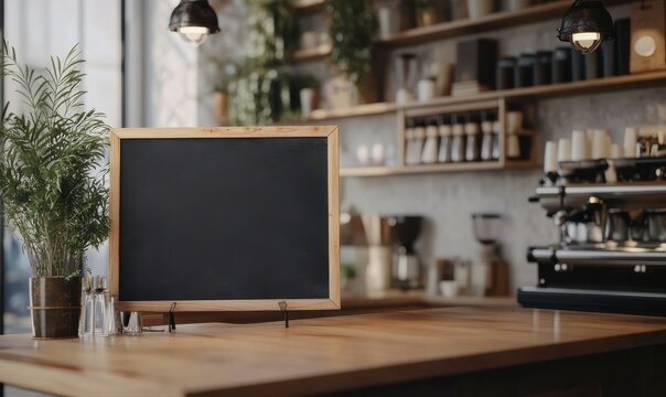 Customizable coffee shop chalkboard mockup with blank design, displayed in a cozy cafe with stylish lighting, ideal for daily specials,