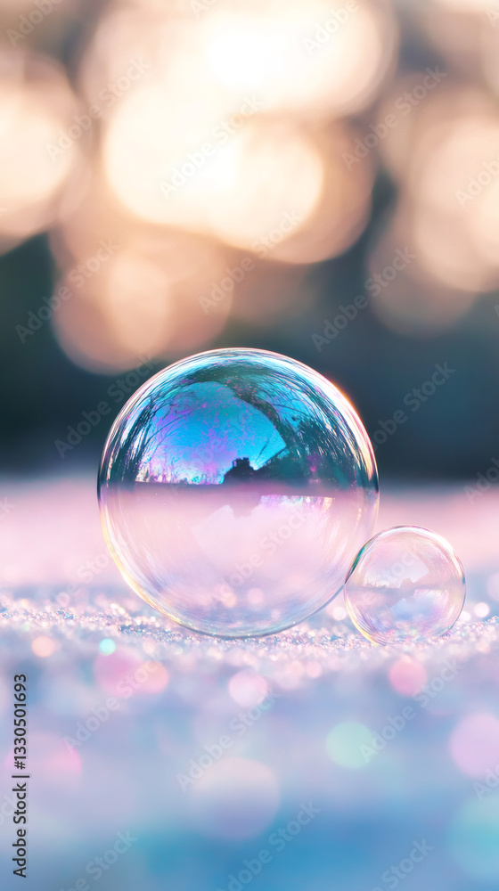 Poster sunset light reflecting through delicate soap bubbles resting on icy crystalline surface