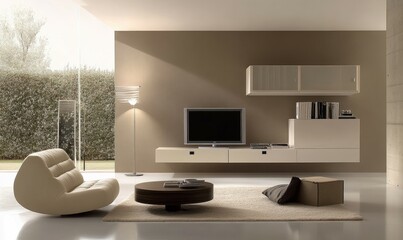 Simplicity and elegance define this modern living room. The neutral color scheme, clean lines, and minimalist furniture create a serene and stylish space