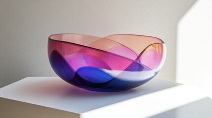 Modern glass bowl with layered, swirling pink and blue hues
