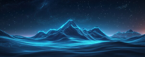 Obraz premium A futuristic landscape with glowing blue lines and mountains under a starry night sky.