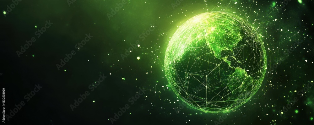 Poster a glowing green globe with connecting lines and dots on a dark background.