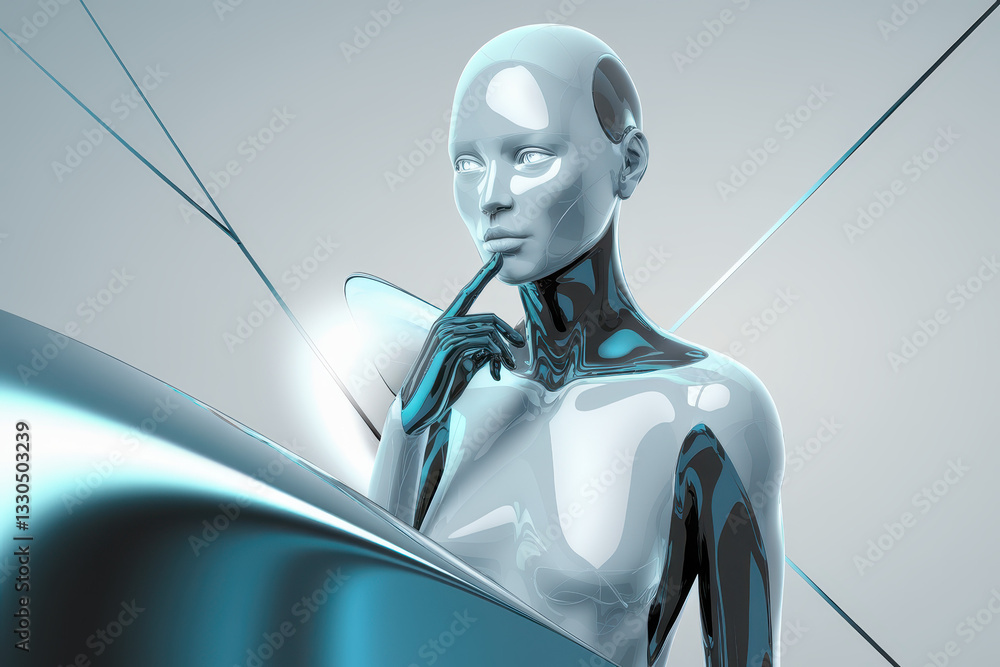 Poster contemplative female android with reflective metallic surface in a futuristic setting