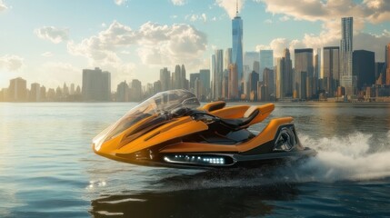 Fototapeta premium Orange futuristic watercraft on urban waterway