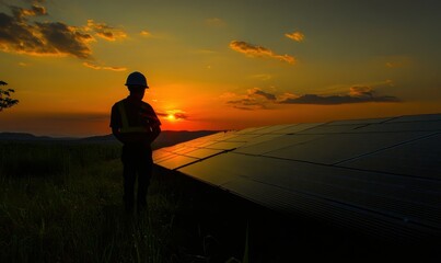 Obraz premium Hard Hat on Solar Panels at Sunset, Sustainable Energy Analysis