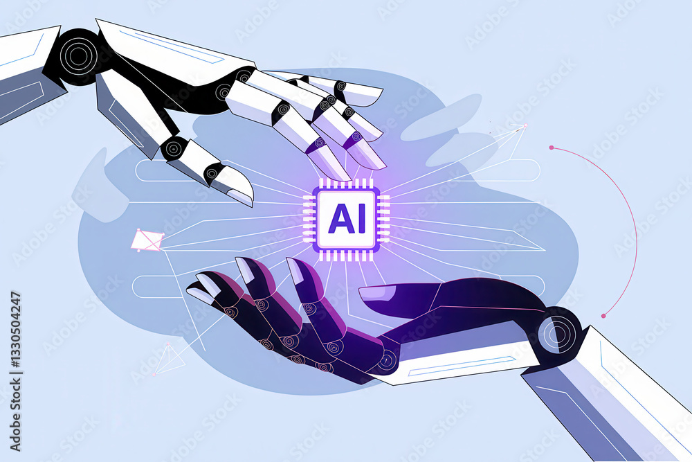 Poster futuristic hands of a robot interacting with ai technology in a soft blue background