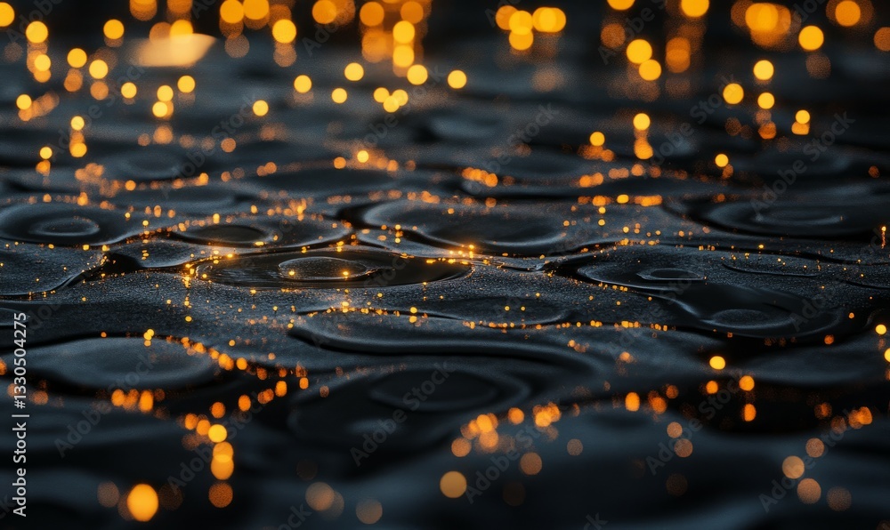 Poster raindrops create a shimmering effect on a dark surface