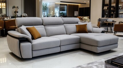 Modern gray fabric sectional sofa with chaise lounge, featuring dark accents and plush cushions