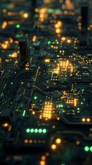 Obraz premium An intricate view of a circuit board with bright specks of light, showcasing modern technology and connectivity