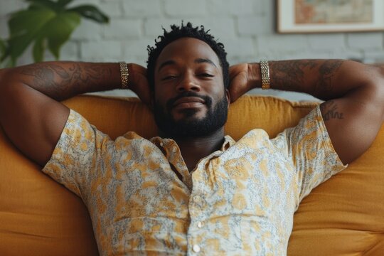 Man relaxing on mustard yellow couch, eyes closed, peaceful expression
