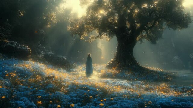 A princess stands in a mystical garden near a majestic, ancient tree, surrounded by enchanting flowers and soft, magical light, evoking a fairy tale atmosphere