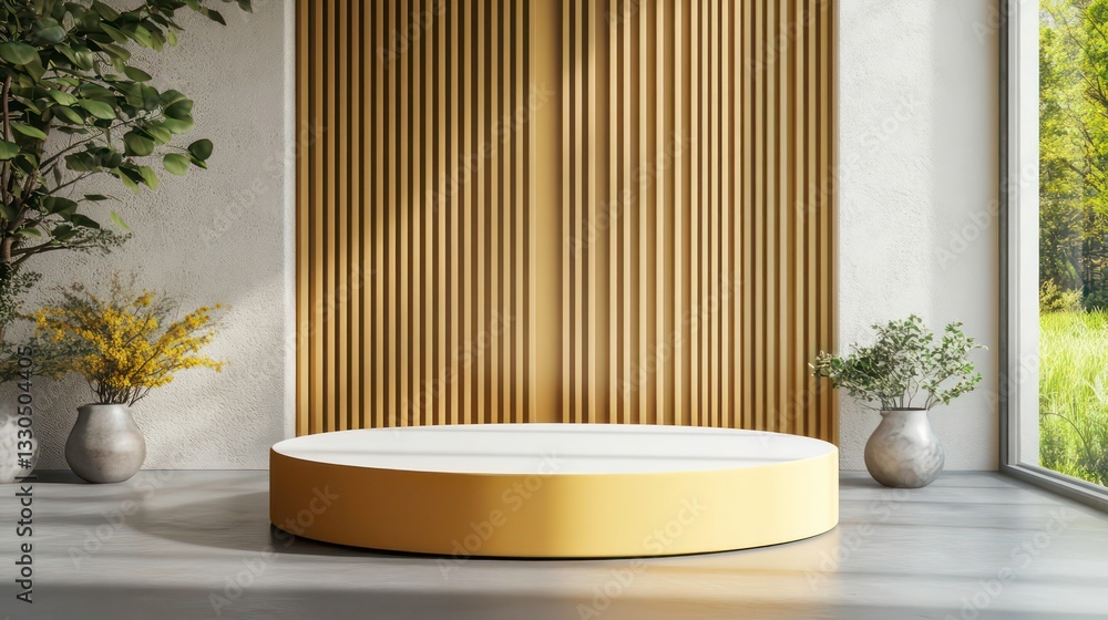 Poster empty room interior design or yellow pedestal display on vivid background with blank stand. blank st