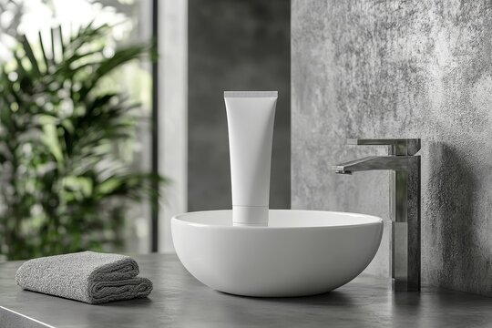 A minimalist and clean bathroom with a white basin, a tube of cream, a faucet, and a folded towel. A harmonious space is set to create the essence of luxury and serenity