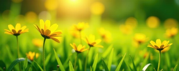 Fototapeta premium Sunlit meadow of bright yellow daisies and green grass, growth, flowers, green