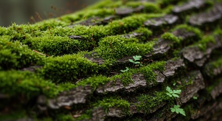 Obraz premium Moss Growing on Tree Bark with Small Plants in Forest Closeup
