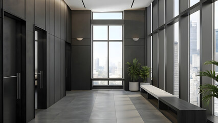 Fototapeta premium Modern office lobby with dark walls minimalist be