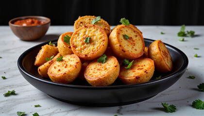 Crispy patatas bravas garnished with parsley and paprika in a black bowl on marble countertop