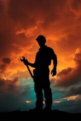 Silhouette of Worker Holding Wrench at Sunset