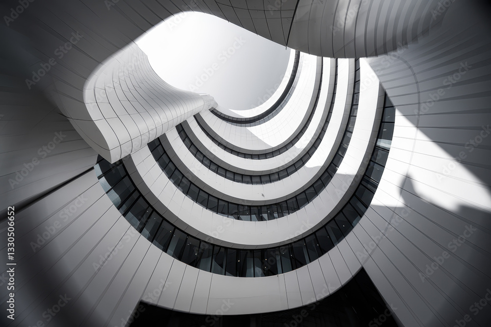 Poster modern architectural design of a spiral structure with curved white walls and large windows