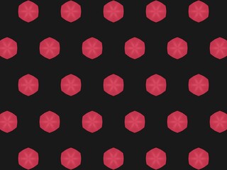 Seamless pattern of red hexagonal motifs on a black background.