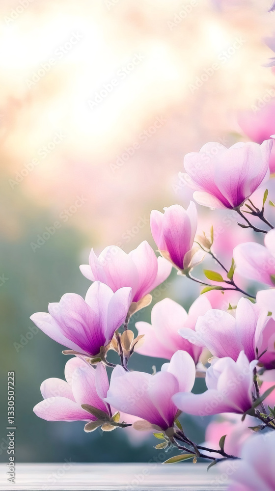 Poster pink magnolia blossoms bursting open on slender branch, displaying soft pastel petals with blurred n