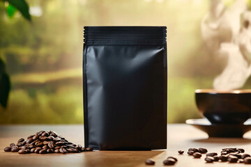 Mockup of black coffee bag, with coffee beans and cappuccino cup on green background. Coffee packaging template.