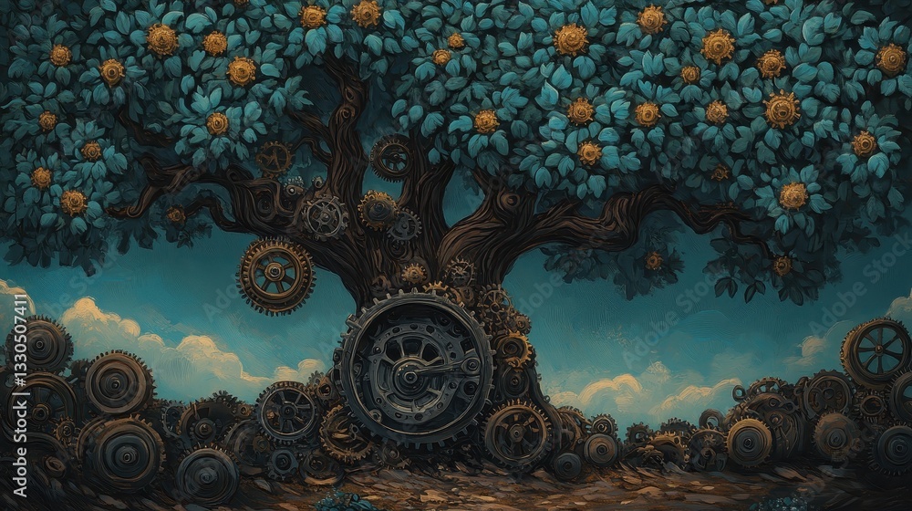 Poster a fantastical tree with gears and golden round objects