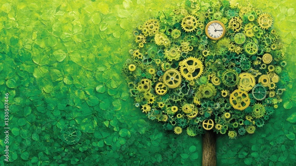 Poster a tree formed with gears and a clock with leaves around