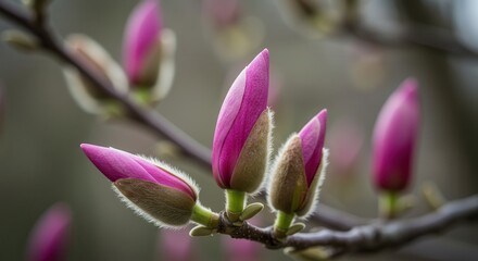 Fototapeta premium Magnolia Flower Buds Emerging on Branch in Early Springtime Close-up