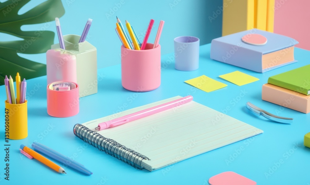 Poster colorful desk setup with a planner, highlighters, and sticky notes for effective time management and