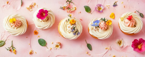 Sweet cupcakes decorated with cream and edible flowers on a pink background