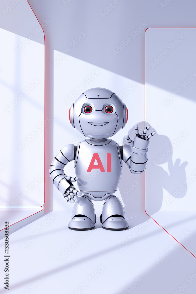 Poster friendly ai robot with a welcoming gesture in a minimalist high-tech environment