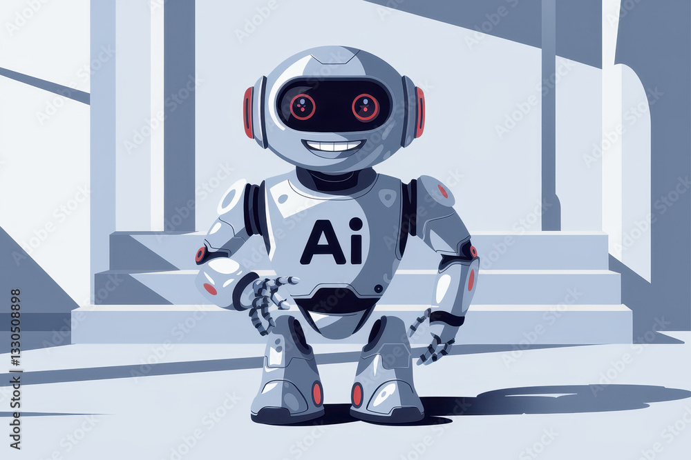 Poster friendly cartoon robot with cheerful expression, showcasing advanced technology in a simplified, mod