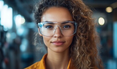a woman with curly hair and safety glasses in a factory setting.
