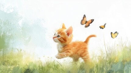 Obraz premium Cute ginger kitten playing outdoors with butterflies