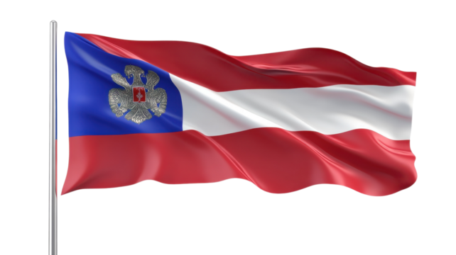 Unique flag of a historical region waving against a clear sky during a sunny day