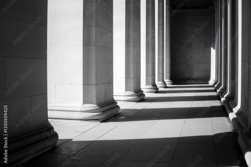 Poster elegant monochrome architectural columns casting shadows in a serene passageway