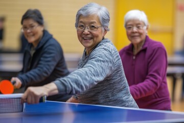 A group of seniors playing table tennis in a community center, spirited