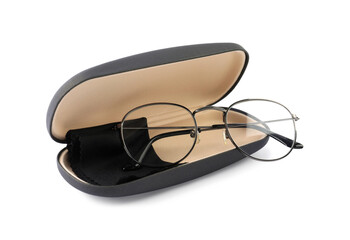 One case with glasses and lens cloth isolated on white