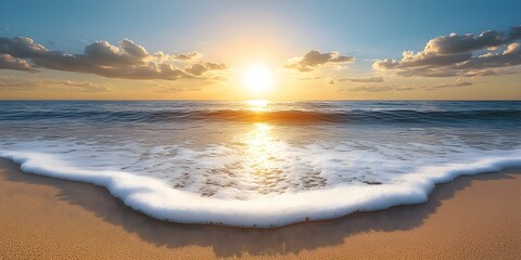 Golden sunset over a tranquil beach with foamy waves