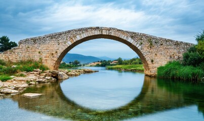 Obraz premium weathered stone bridge arches over tranquil waterline, evoking serenity