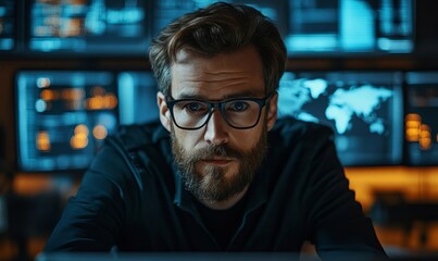 a serious man working at a computer with multiple monitors.