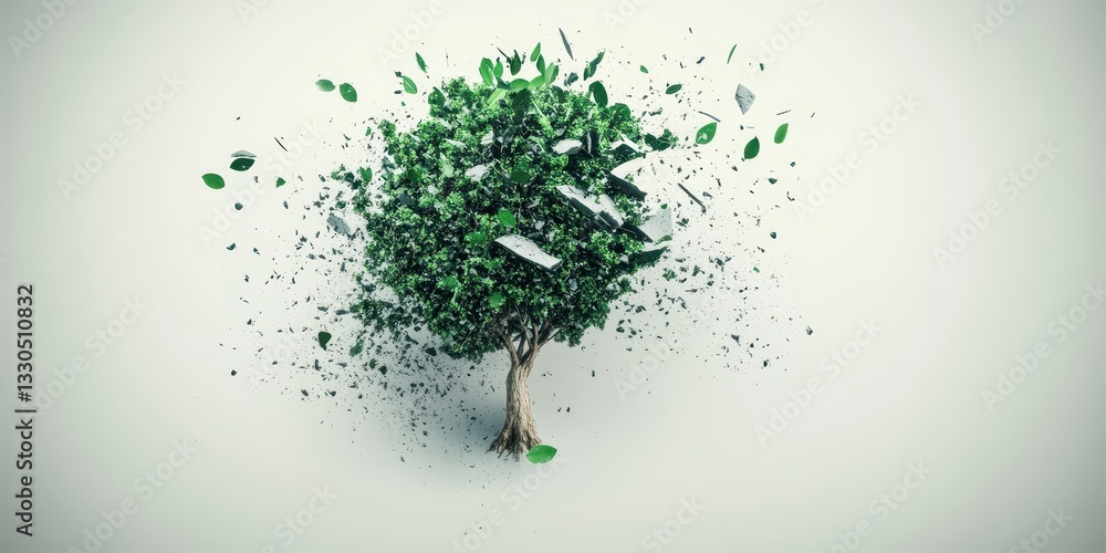 Poster a green tree with foliage exploding outwards on a white backdrop