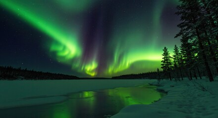 Obraz premium Majestic Aurora Borealis Lights Up the Night Sky Over Frozen Lake