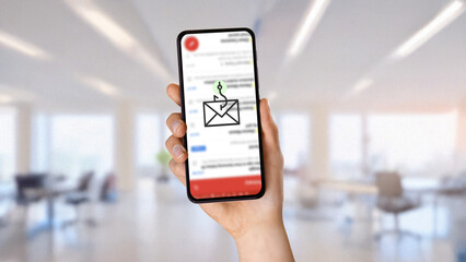 Hand holding smartphone displaying phishing scam icon over email inbox. Concept of cyber fraud, online security threats, email hacking, identity theft, and digital safety awareness.