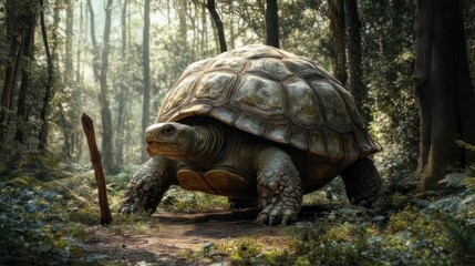 Fototapeta premium Giant tortoise in a lush forest