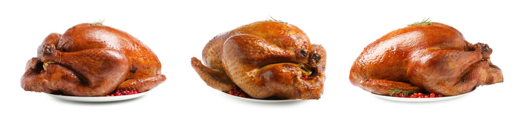 Delicious baked turkey with cranberries and rosemary on white background, different sides. Collage