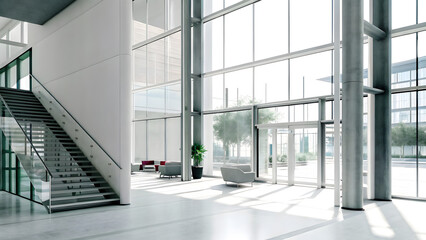 Fototapeta premium Modern spacious lobby with glass windows staircas